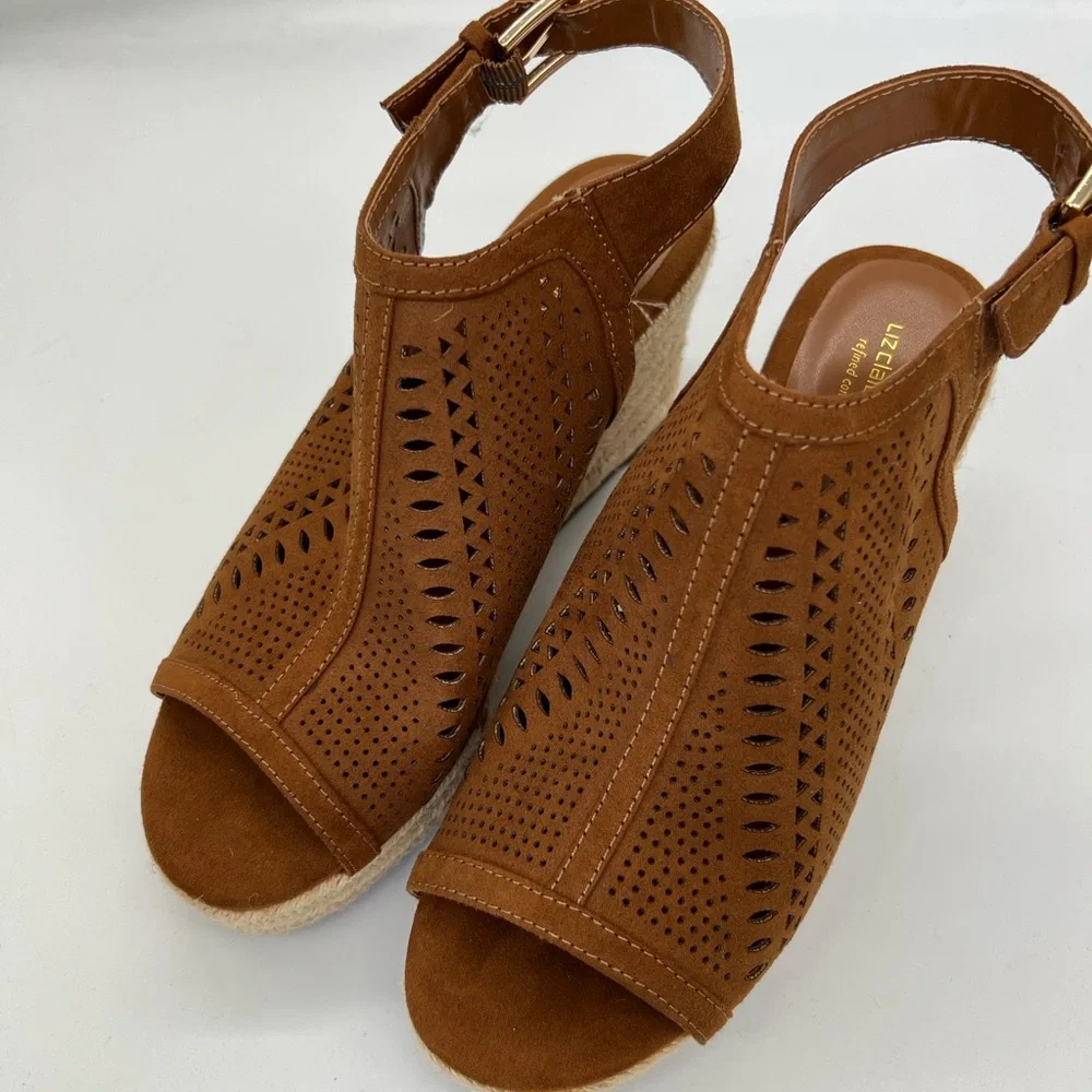Liz Claiborne Tan Suede Perforated Espadrille Wedge Sandals